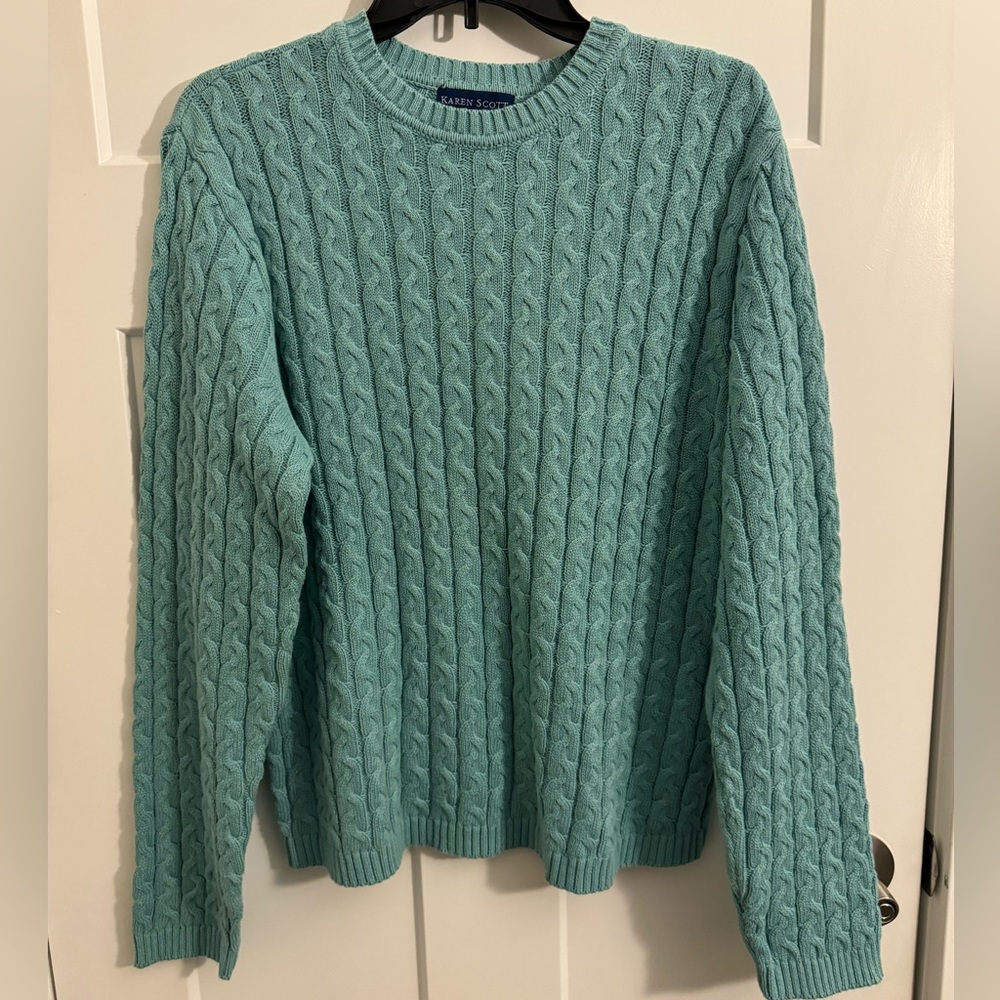 Karen Scott Cable Knit Pullover Green Sweater Size Extra Large
